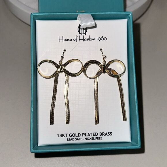 House of Harlow 1960 14KT GOLD PLATED BRASS BOW TIE DANGLING EARRINGS - Picture 2 of 7